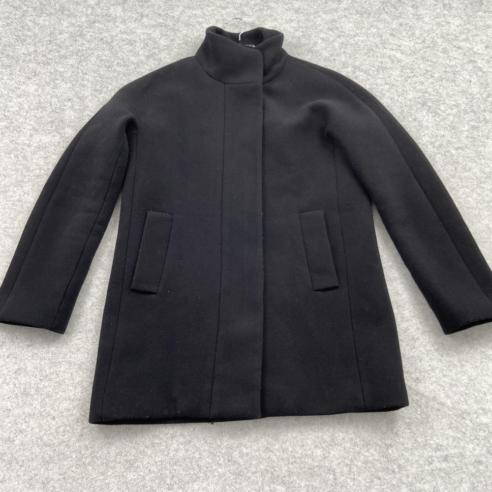 J Crew Coat Womens 6 Black Wool Twill Full Zip Funnel Collar Mid Length F5325